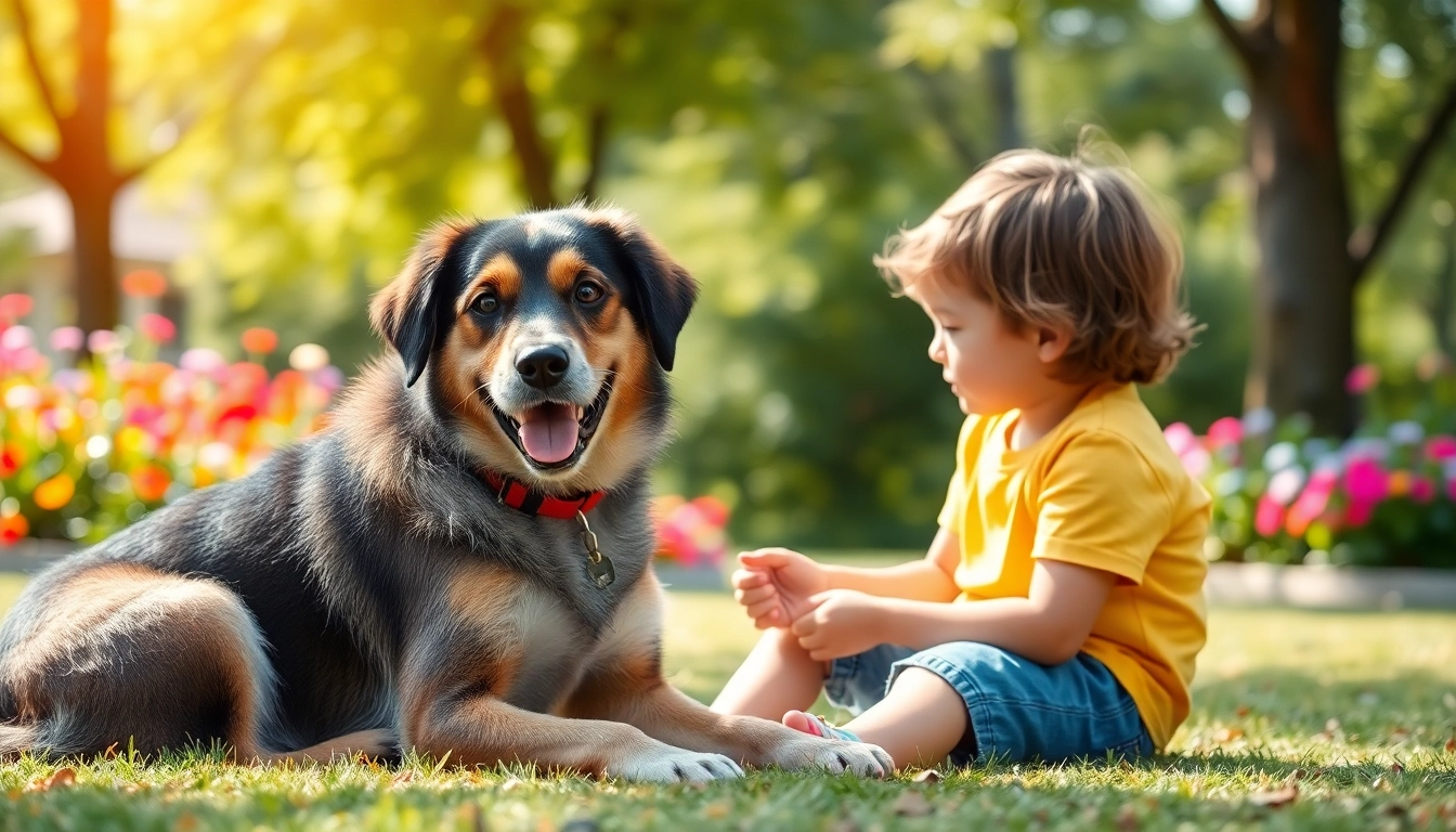 Autism dogs providing companionship and support to a child in a peaceful park setting.