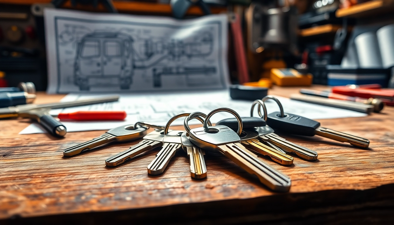 Crafting truck keys displayed prominently on a workbench with tools and plans.