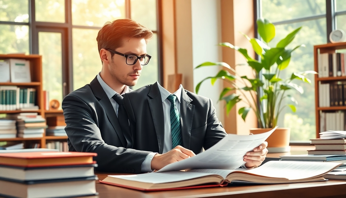 Environment lawyer reviewing documents in an eco-friendly office space with natural light.