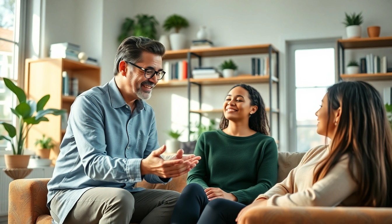 Expert attachment theory specialist guiding a couple in a warm, inviting therapy setting.