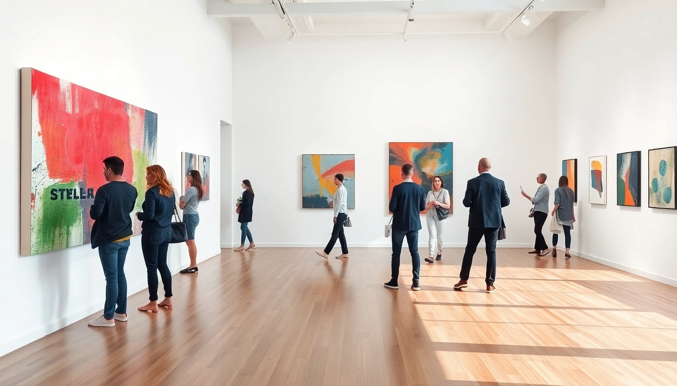 Engaged visitors appreciating art at the in lieu gallery showcasing modern artworks.