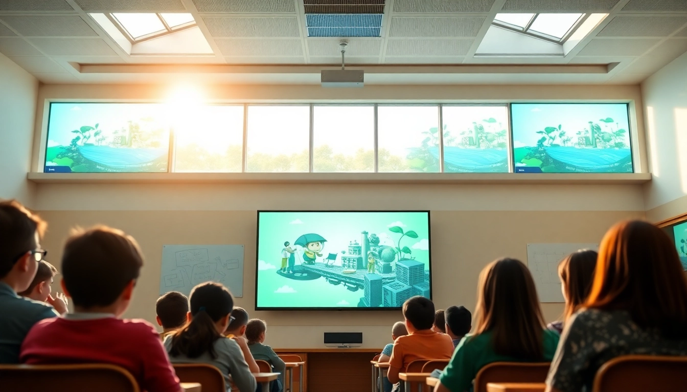 Engaged students interact with digital signage for schools in a modern classroom environment.