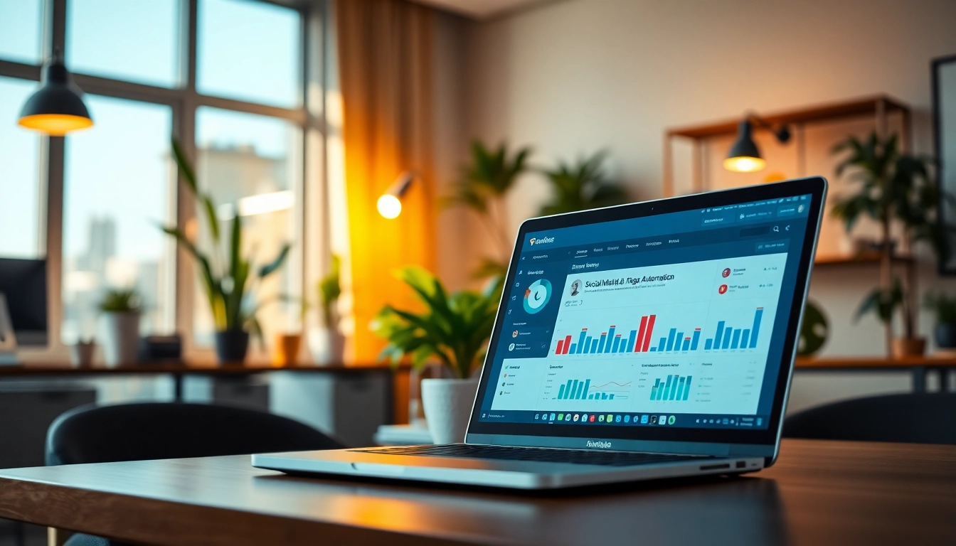 Showcasing effective social media and blog automation tools in a professional workspace with a digital dashboard.
