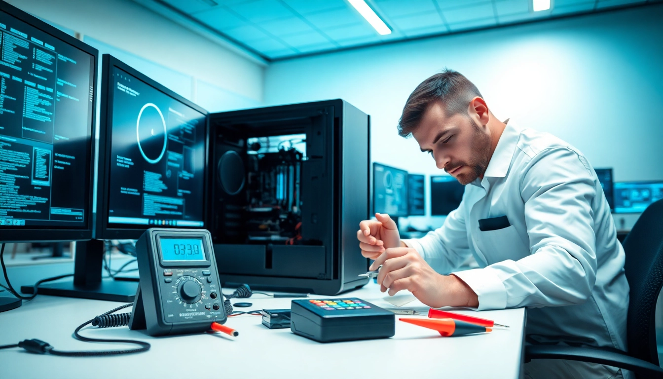 Providing efficient computer service with a technician repairing a desktop at a modern workspace.