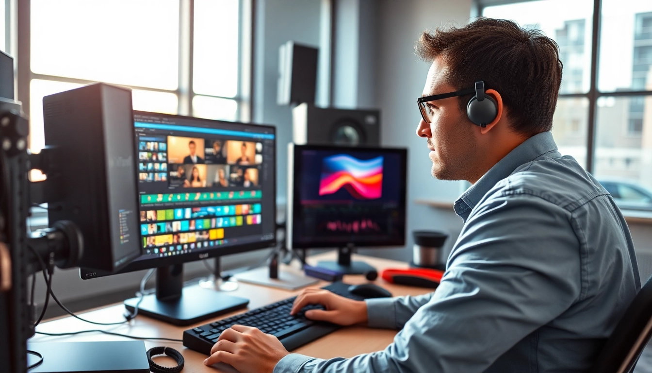 Video editor engaged in Editing & Post-Production using advanced editing tools and vibrant workspace.