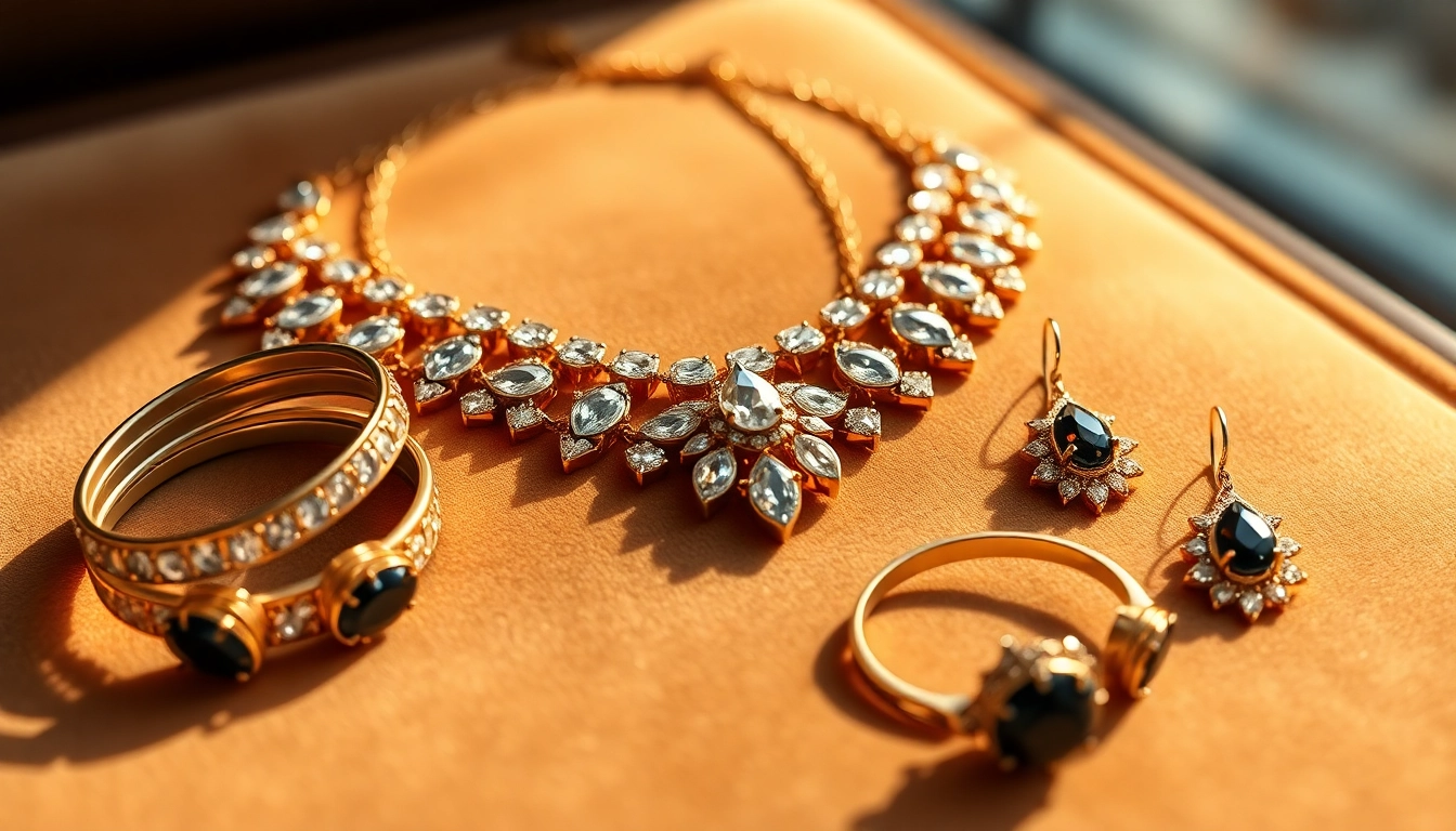 Showcasing exquisite women jewelry including a gold necklace and matching pieces.