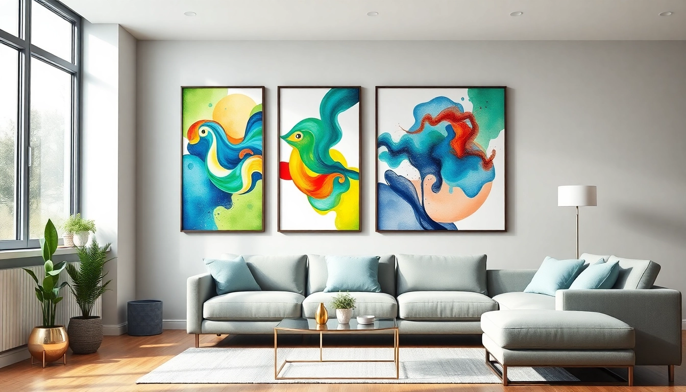 Showcase vibrant framed canvas prints enhancing a contemporary living room setting.