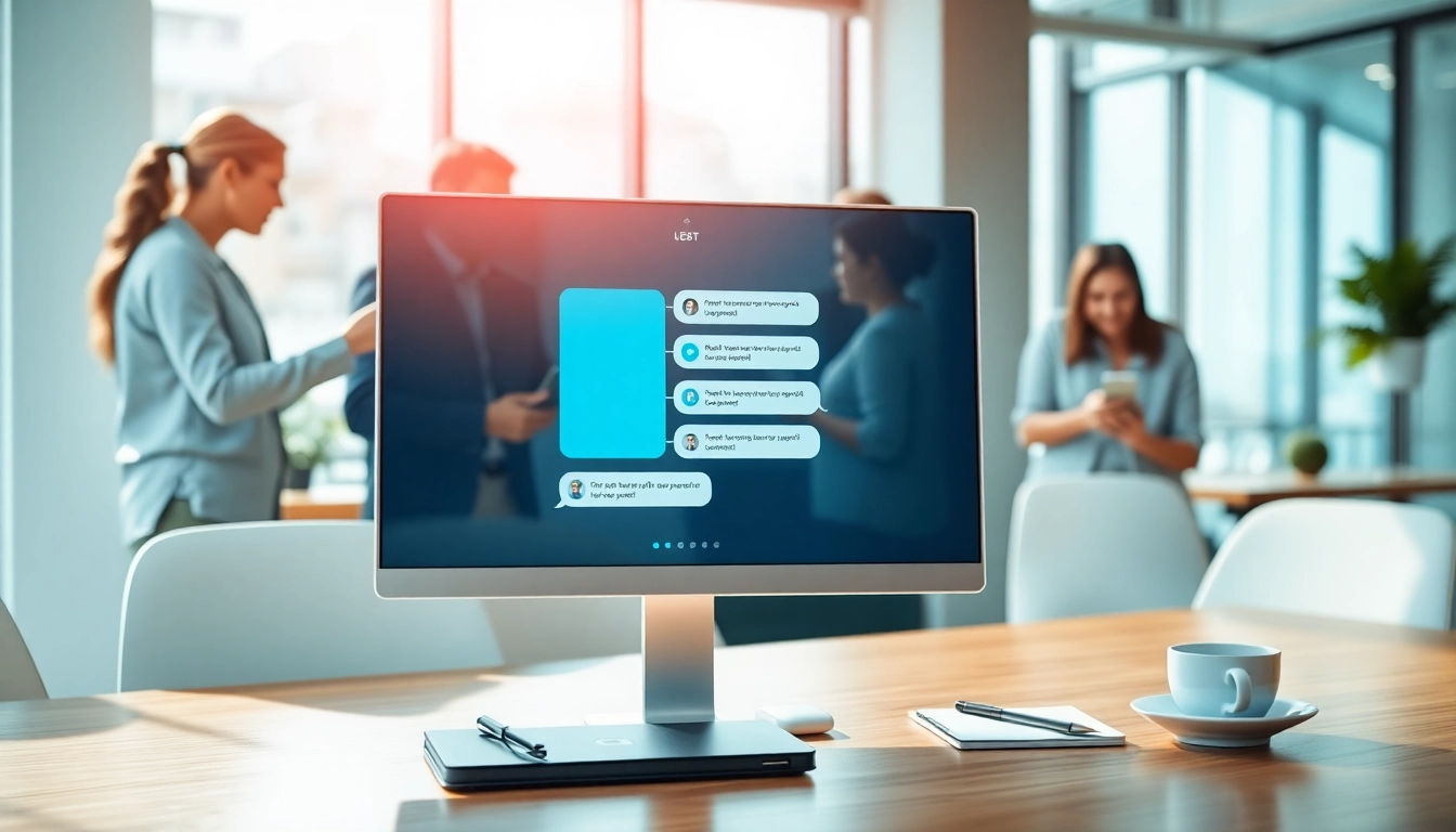Engage with a chatbot for website in a modern office with diverse team interaction.