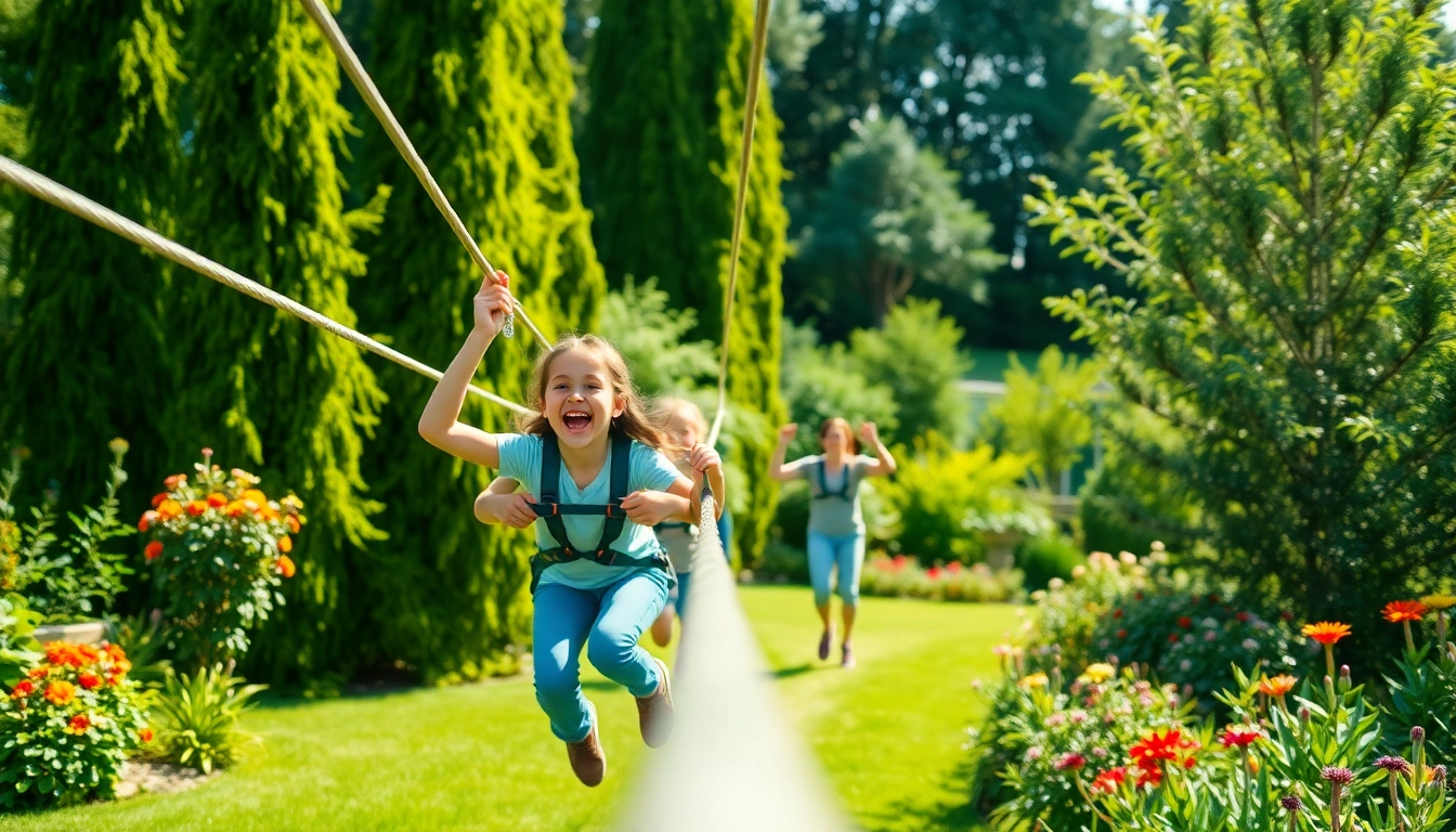Enjoying the GARDEN ZIP WIRE KIT with friends in a vibrant backyard setting filled with greenery.