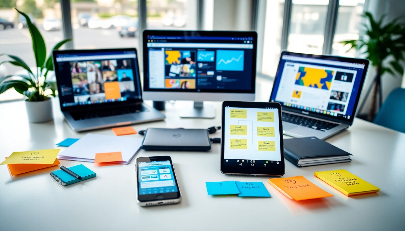 Visual representation of Social media and blog automation tools in a modern workspace.