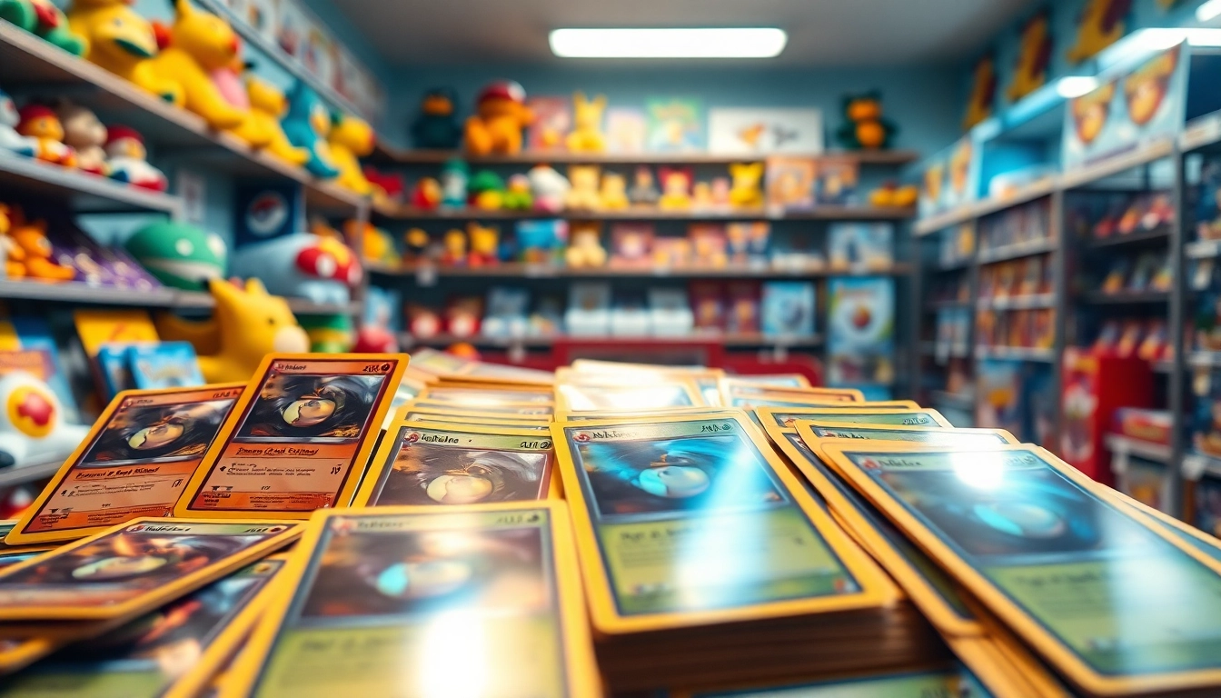 Explore real Pokémon cards showcased in a vibrant collectible display in a game store.