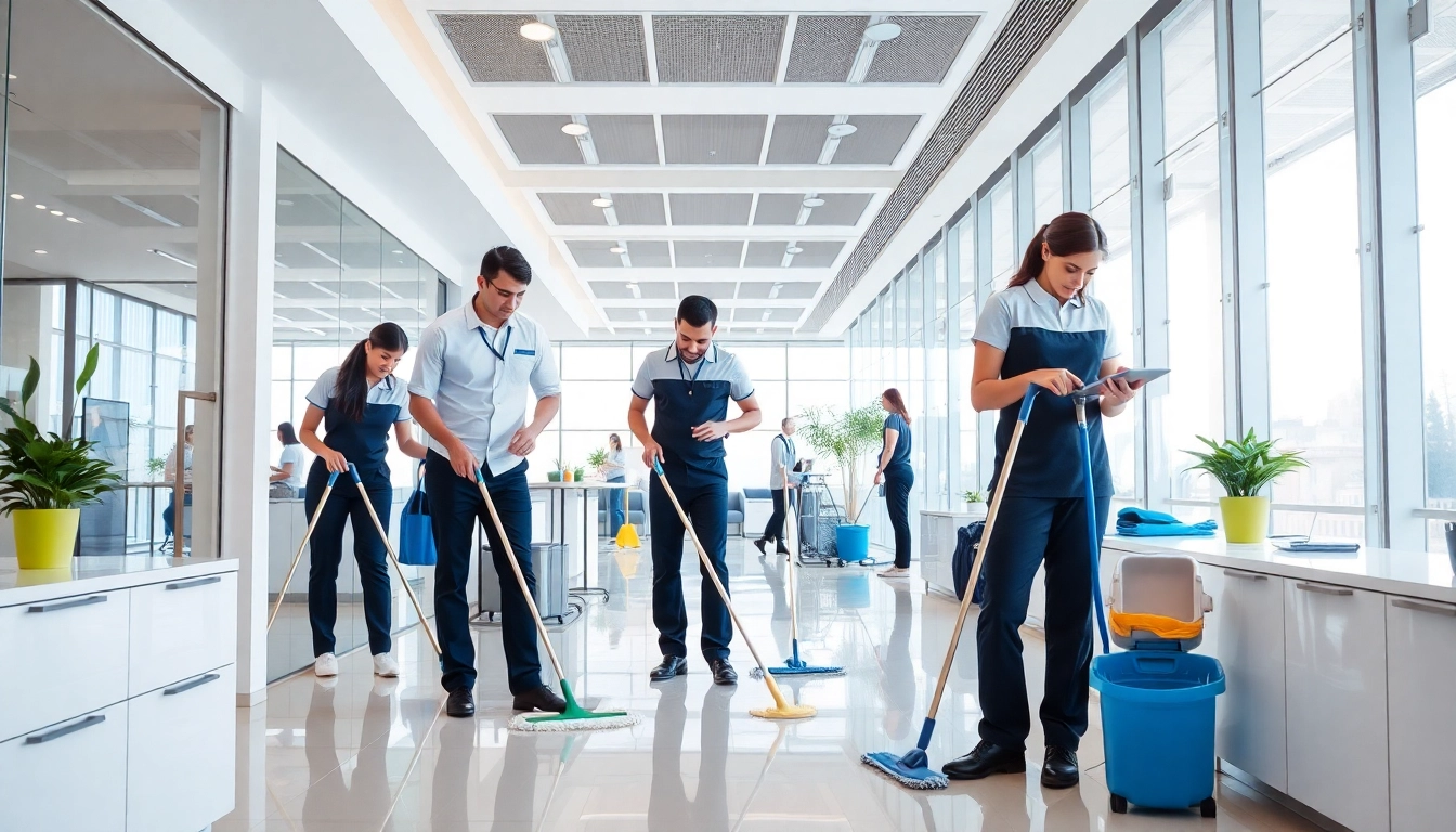 Team providing commercial cleaning services Melbourne efficiently in a modern office space