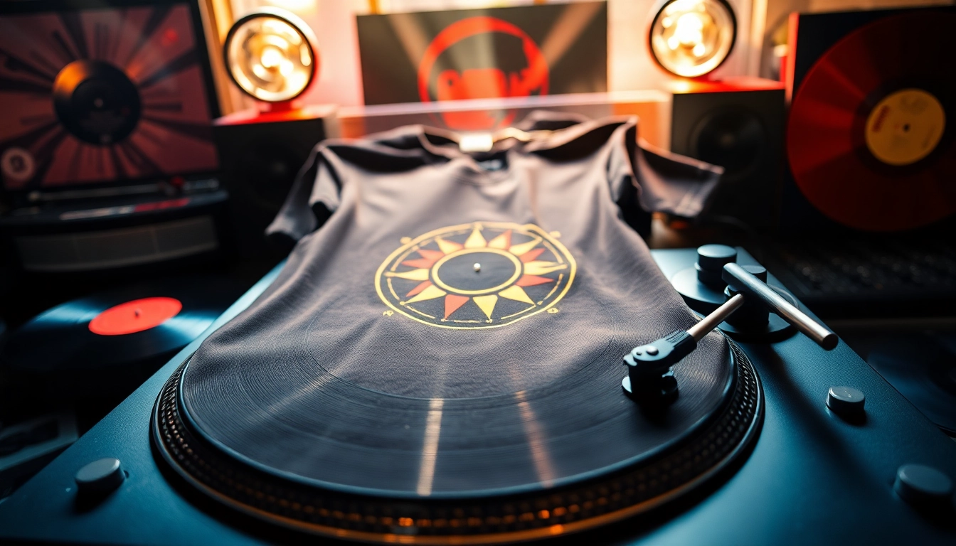 A vibrant turntable shirt showcased on a vintage turntable setup, celebrating music style.