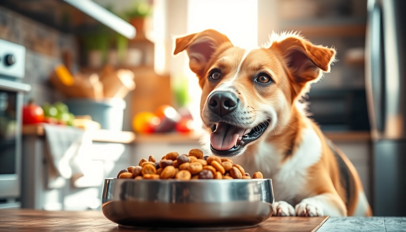 Dog happily eating nature's blend dog food canada in a cozy kitchen setting.