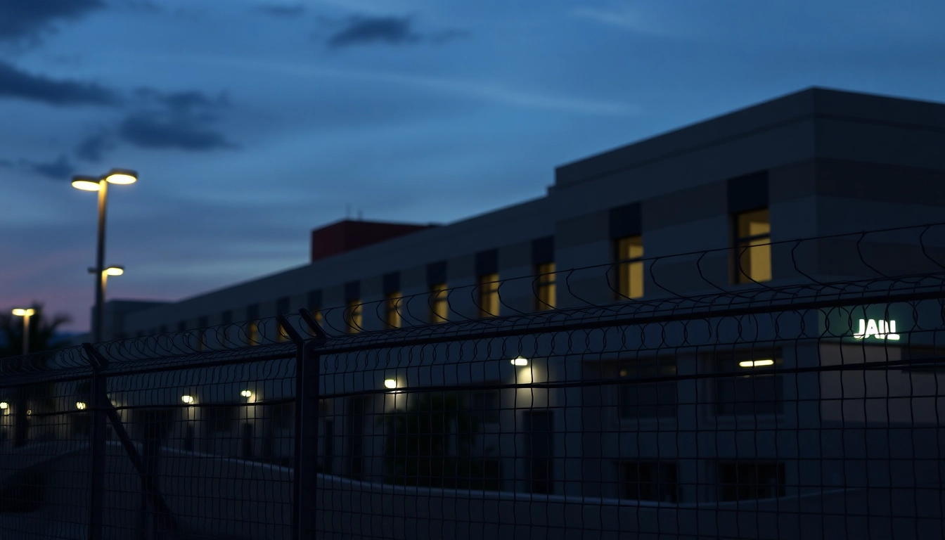 Examine the orange county jail facility showcasing modern security features and a moody evening atmosphere.