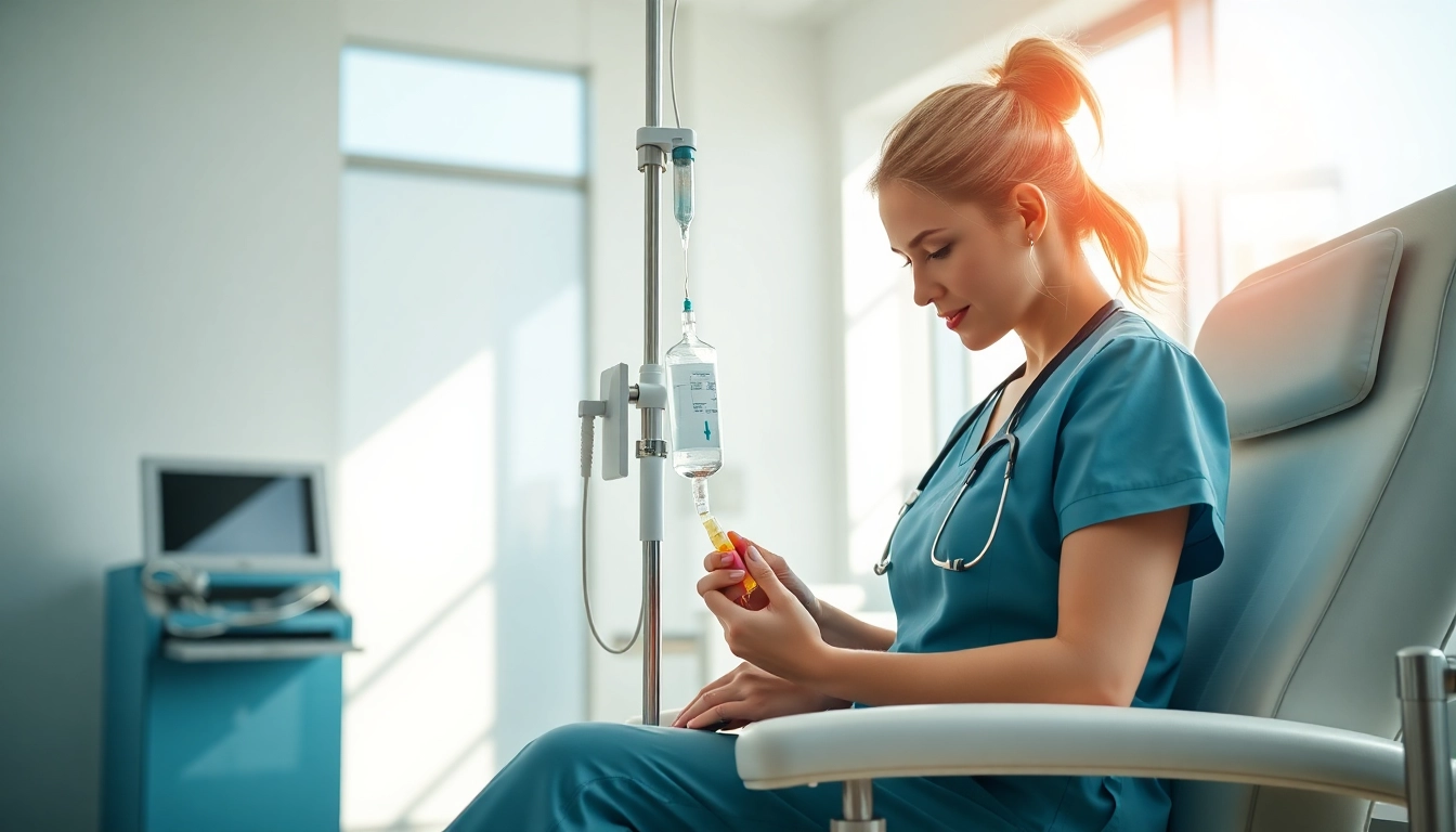 Administering IV Therapy with a nurse in a modern clinic setting, ensuring patient comfort.