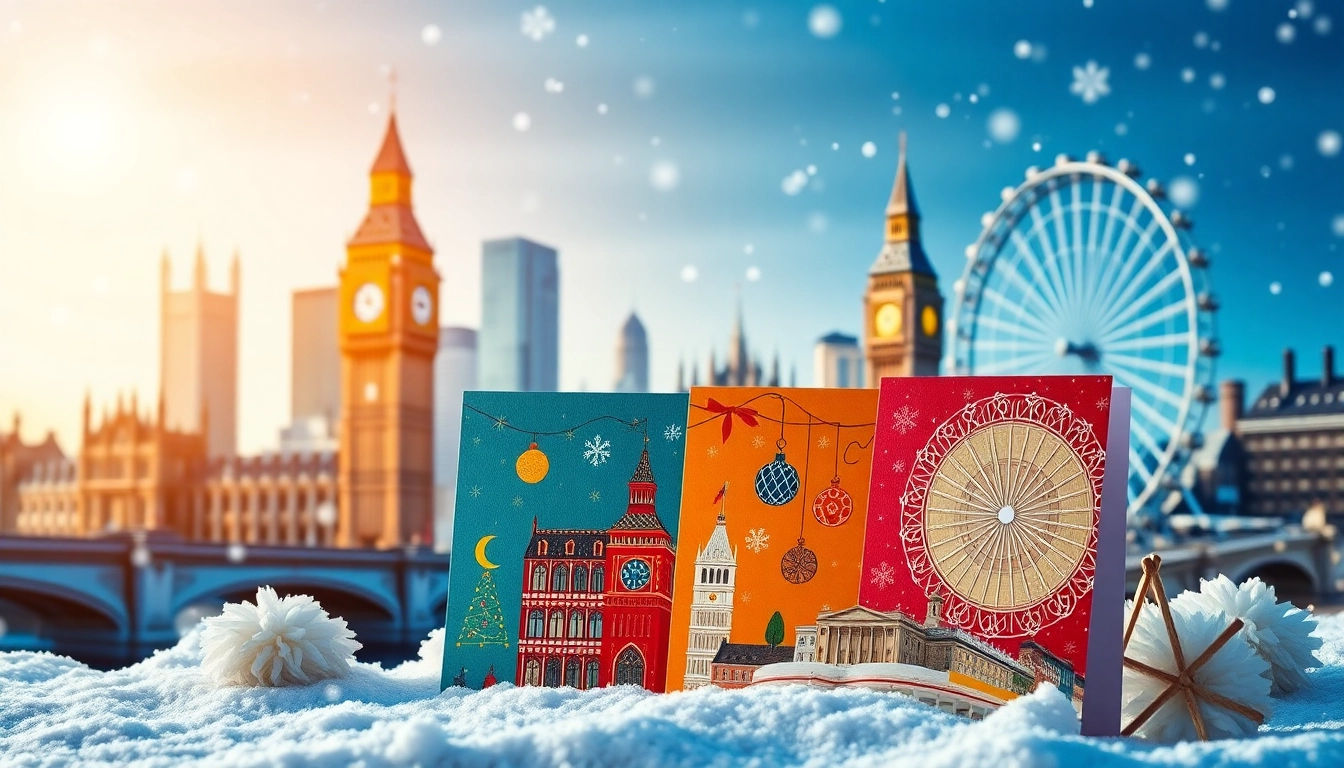Showcasing unique Xmas cards London featuring iconic landmarks and festive designs.