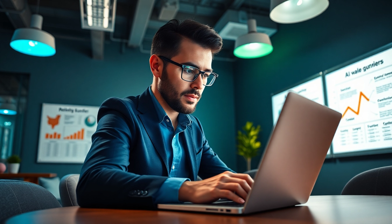 Engaged professional developing an AI funnel builder strategy in a modern office.