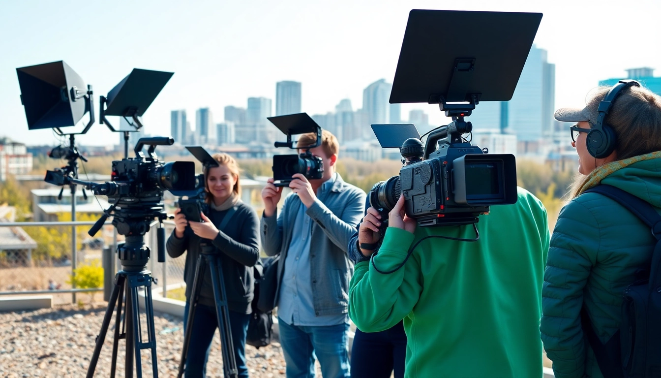Engaged team creating video production edmonton in a vibrant cityscape setting.