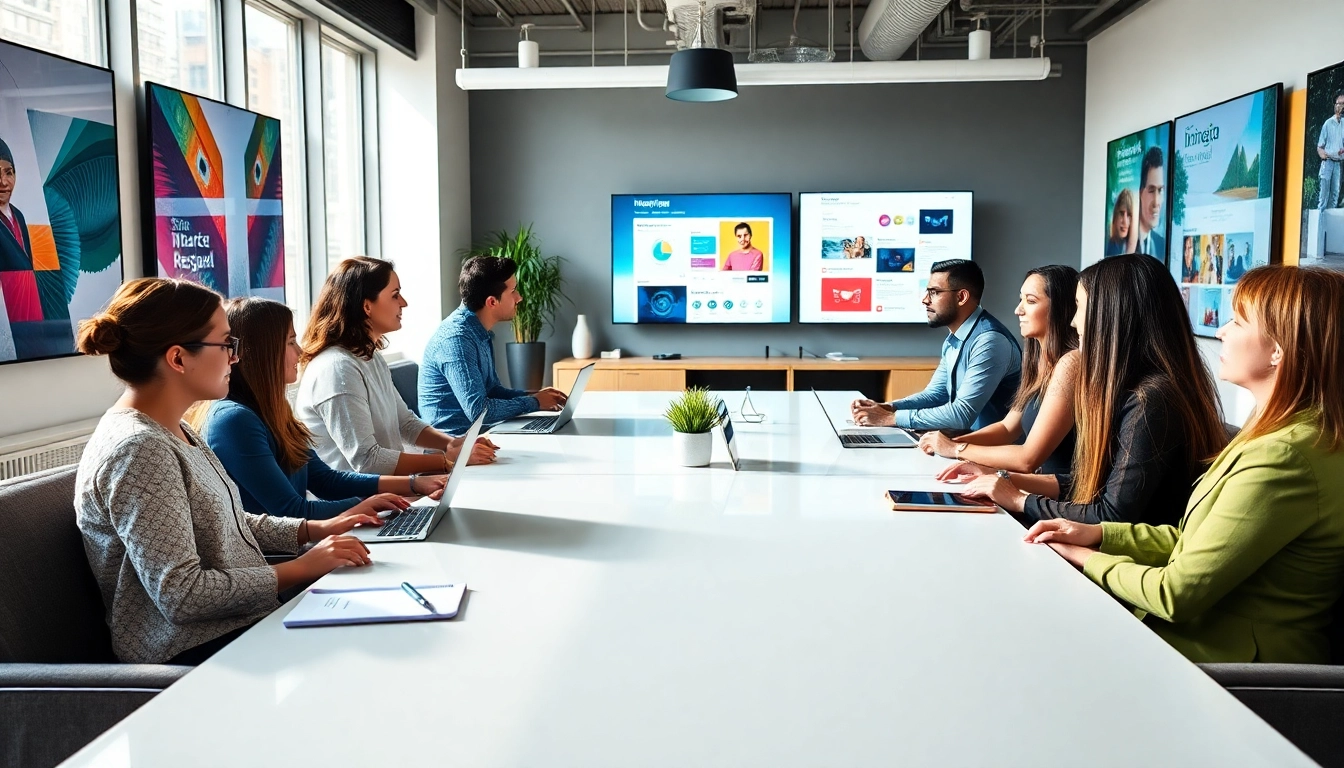 Creative collaboration in web design Kansas City with a diverse team in a modern office setting.