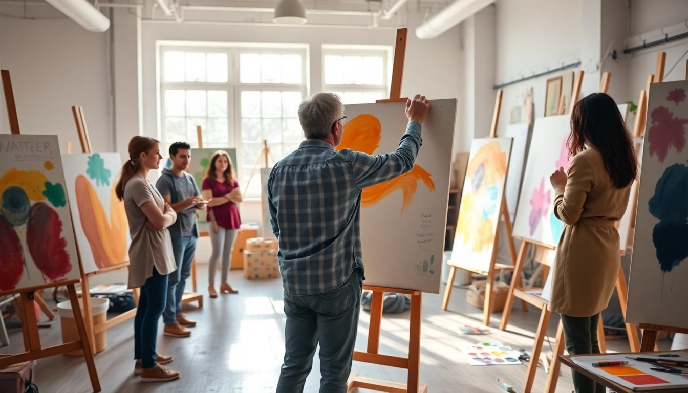 Engaging art lessons with an instructor showing techniques to students in a bright studio.