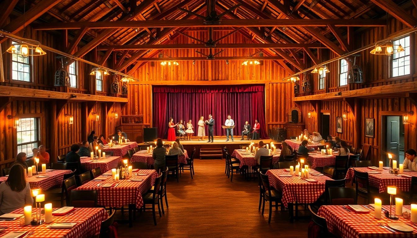 Experience the warmth of a barn dinner theater with elegantly set tables and lively performances.