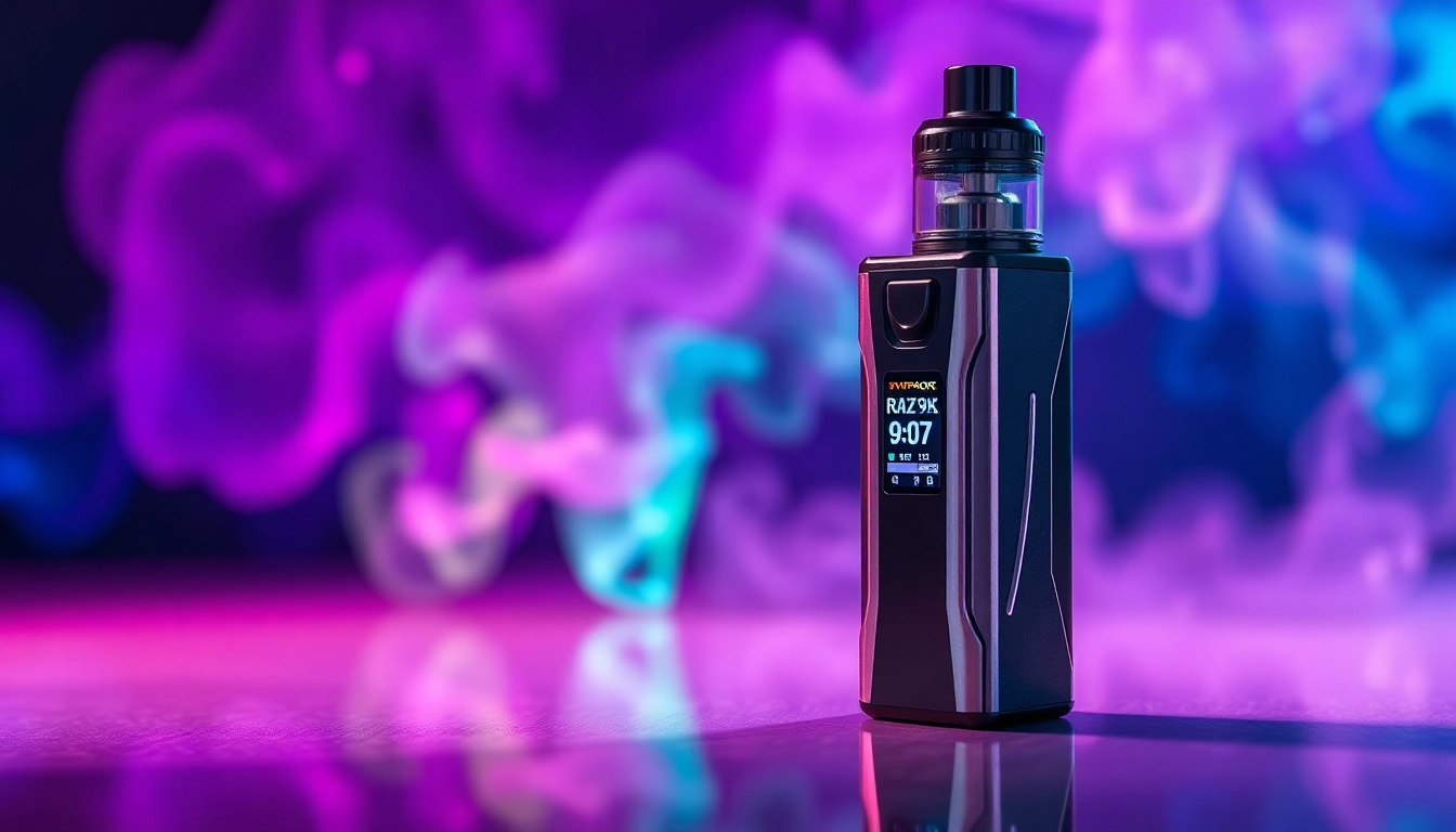 RAZ 9K vaping device displayed with colorful vapors in a sleek, modern style.