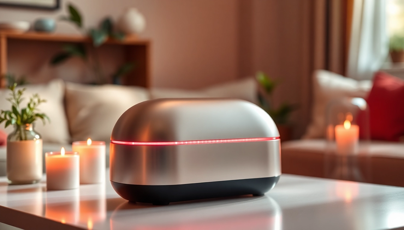 Showcase the quasar red light therapy device beautifully displayed in a cozy home setting.