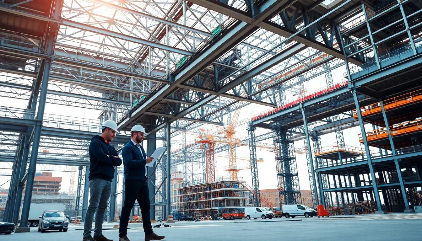 Engineers collaborating on steel structure design at a modern construction site.