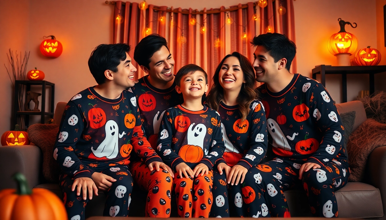 Family enjoying Halloween pajamas with festive designs in a cozy setting.