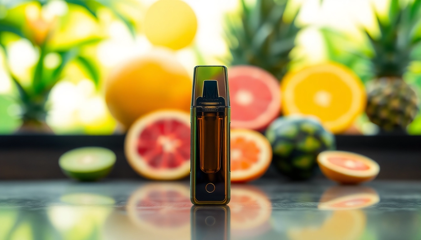 Showcasing the vibrant Foger Switch Pro Pod against a colorful tropical backdrop, highlighting its delicious flavors.