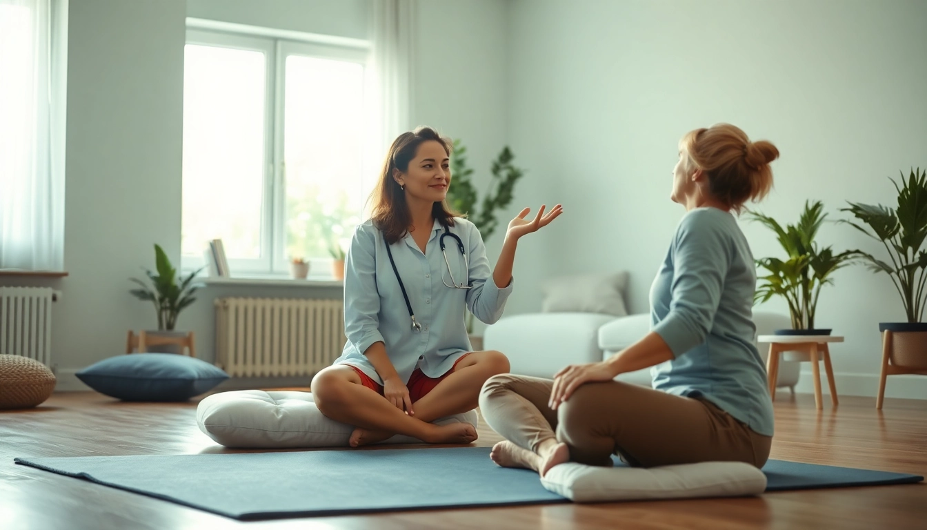 Therapist assisting client with techniques for dealing with anxiety in a calming office.