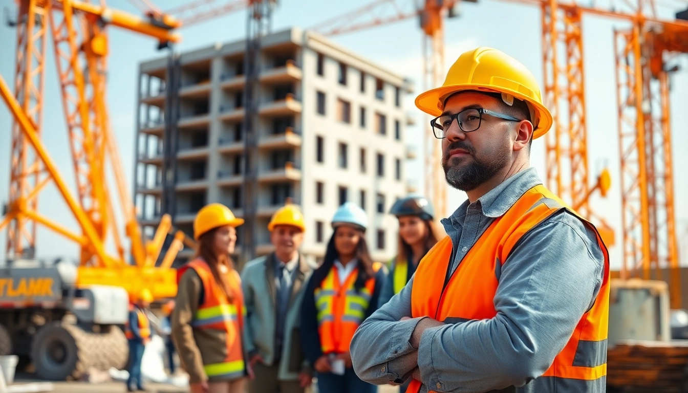 New Jersey Construction Manager leads a diverse team at a construction site with cranes and building materials.