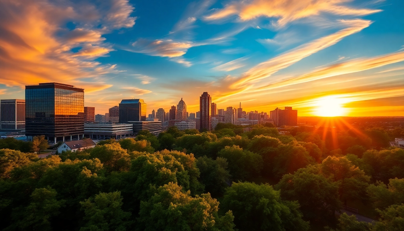 Showcasing the skyline of Lexington SC at sunset with lush greenery and buildings illuminated.