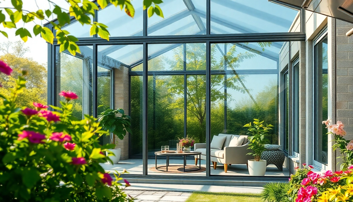 Experience the beauty of a tempered glass sunroom with a stunning garden view and cozy interior.