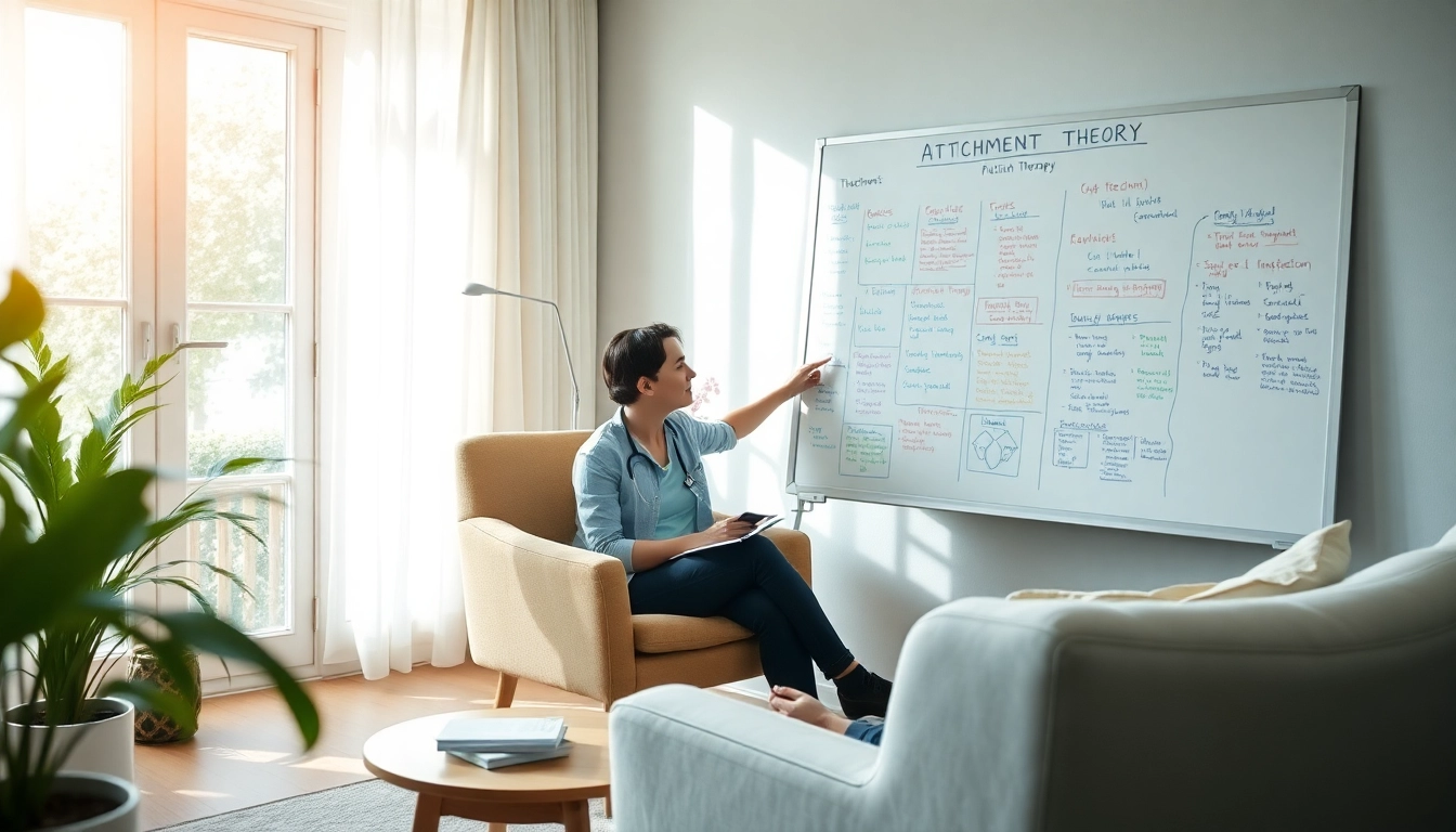 Engaging scene with an attachment theory specialist guiding a client in therapy.