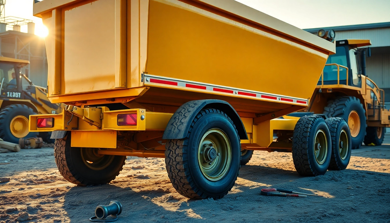 Find used dump trailer for sale near me highlighting its rugged features and construction site surroundings.