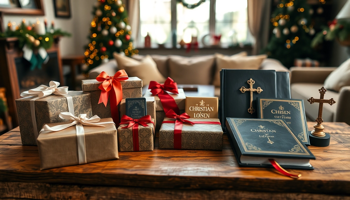 Showcase of Christian gifts beautifully arranged on a wooden table with decorative details.