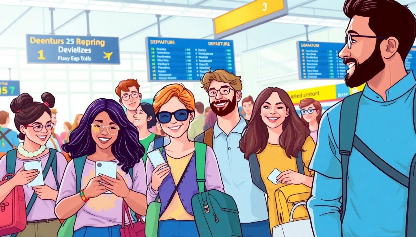 Travelers excitedly searching for cheap flights at a vibrant airport.
