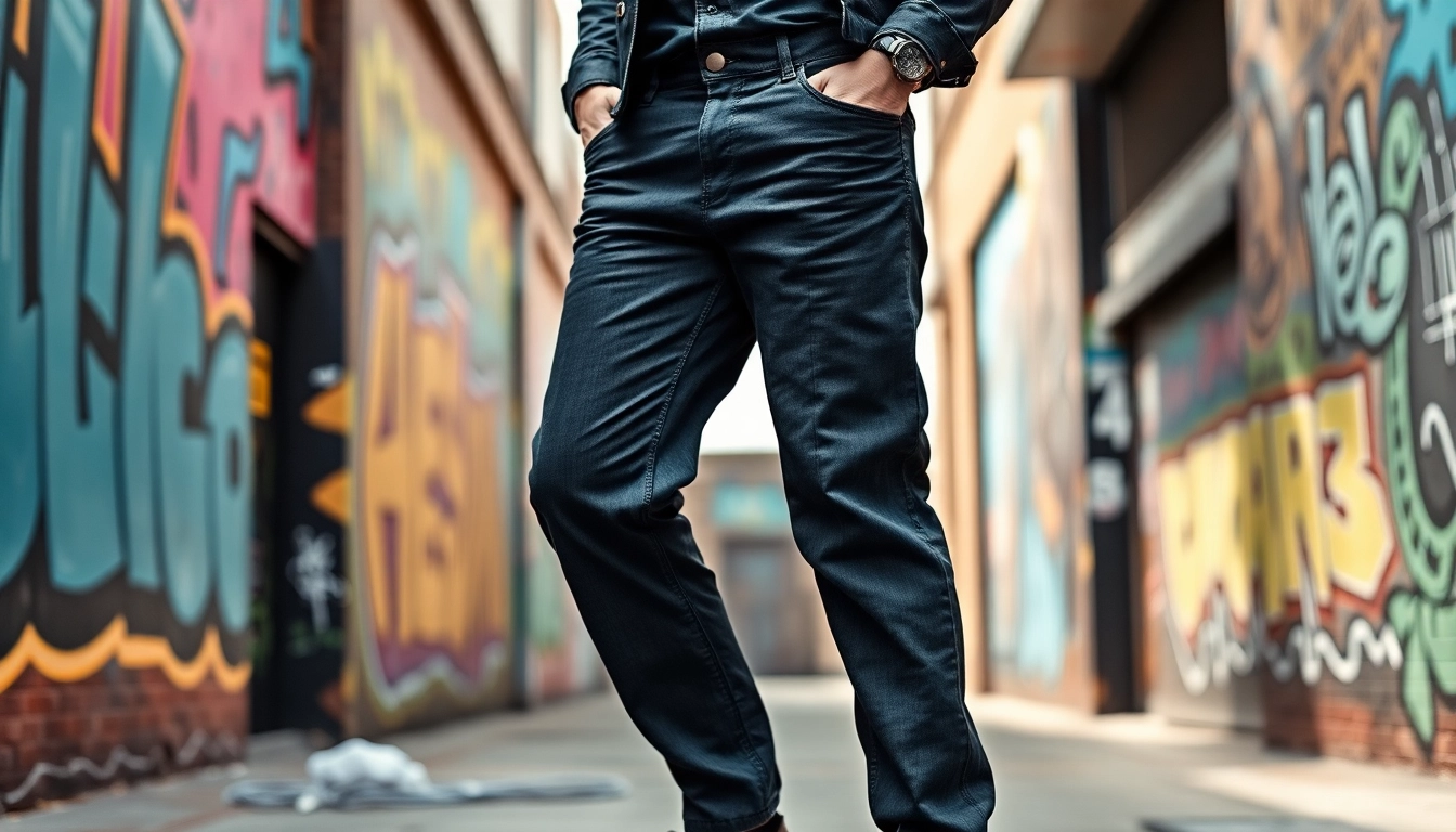 Showcasing a model in baggy black jeans against a vibrant urban backdrop.