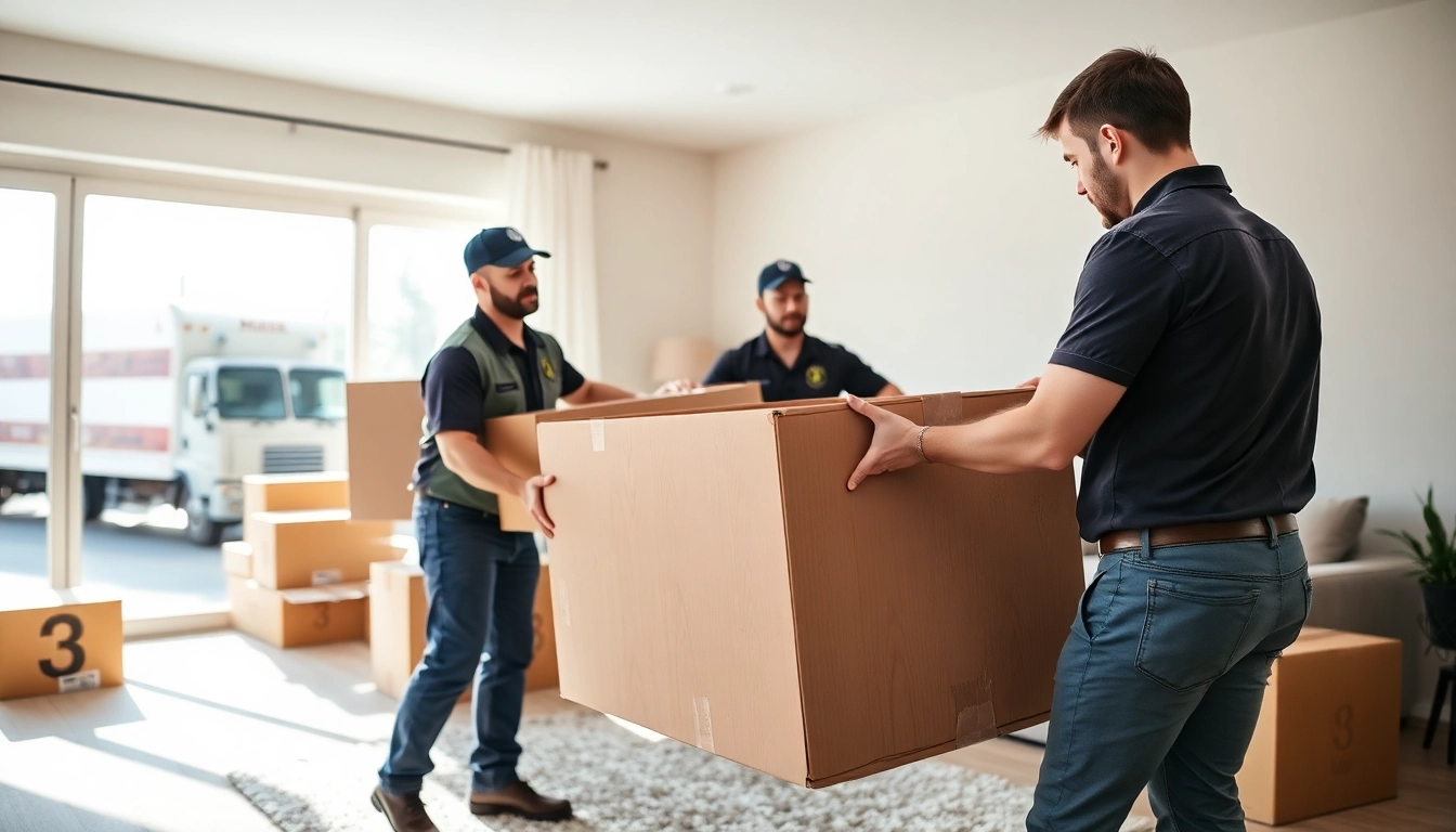 Movers Calgary assisting with professional moving services in a bright living room.
