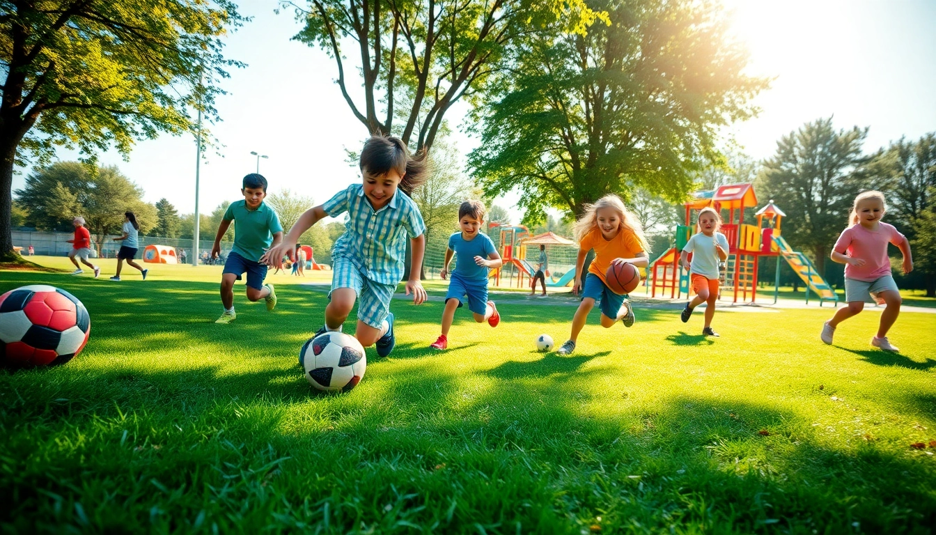 Les enfants s'amusent dans un aire de jeux sportive vibrant, jouant joyeusement avec des équipements variés.