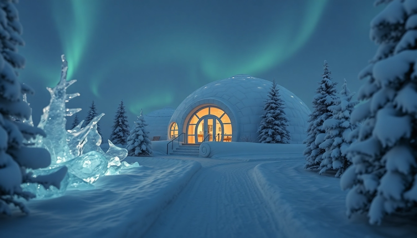 Experience an enchanting igloo hotel surrounded by snow, illuminated by the northern lights.