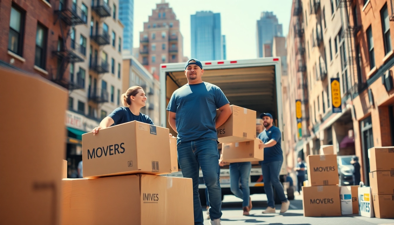 Dynamic team of Bronx movers efficiently loading a truck with vibrant Bronx backdrop