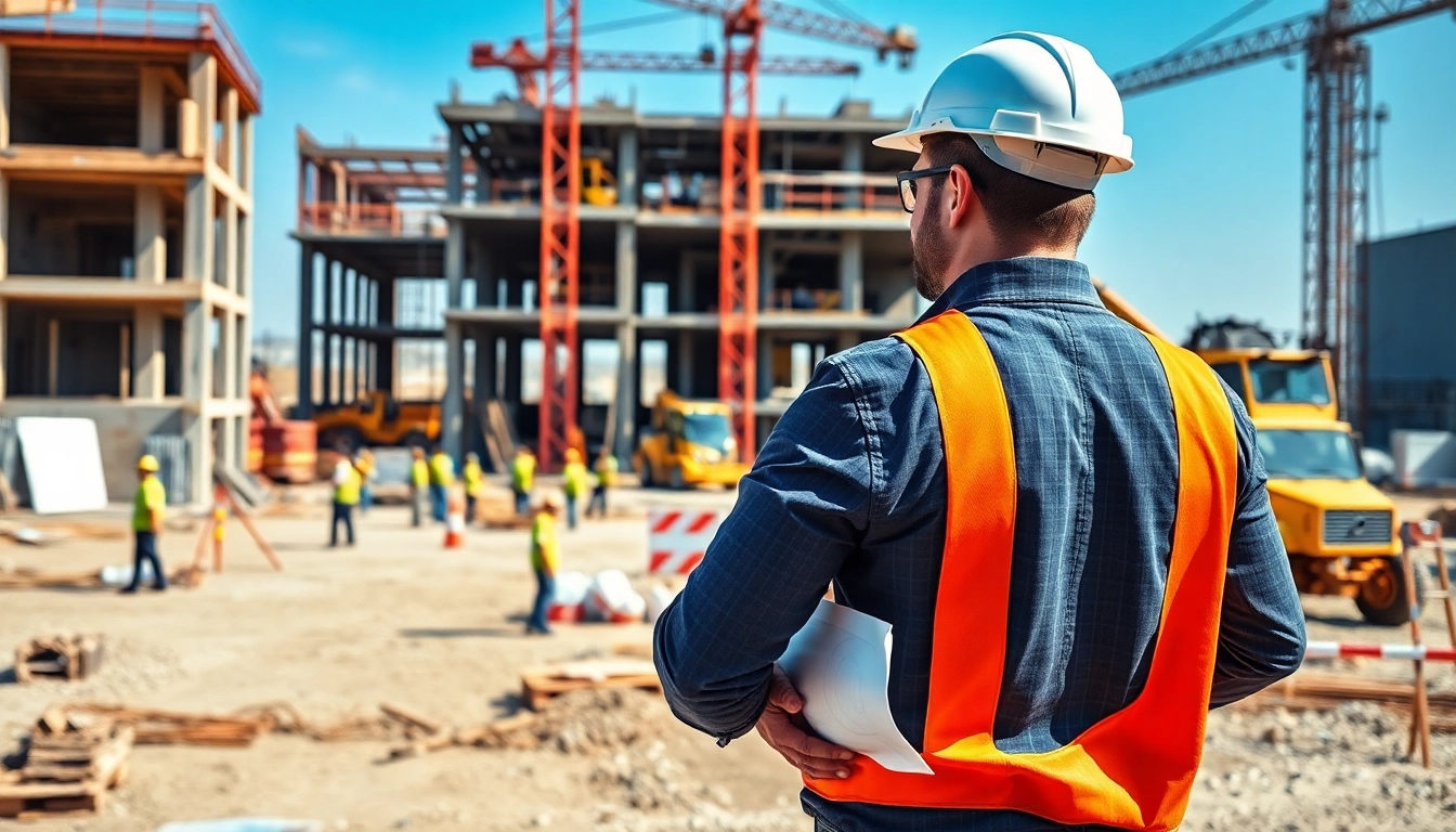 New Jersey Construction Manager supervising a construction site with active workers and machinery.