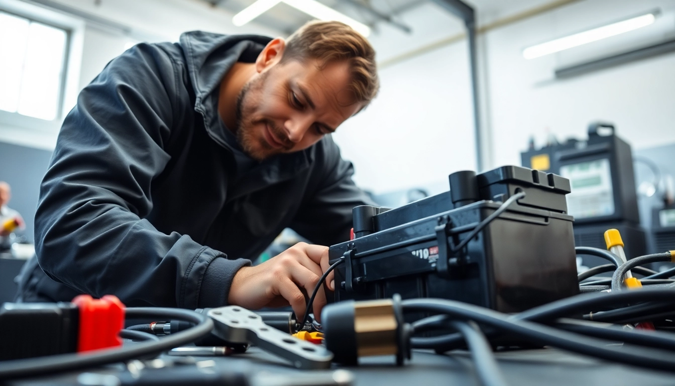Uruchamianie akumulatora Mikołów – mechanik pracujący nad akumulatorem samochodowym w warsztacie.