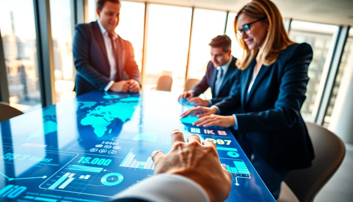 Engaging scene with professionals using a global business directory on digital devices.