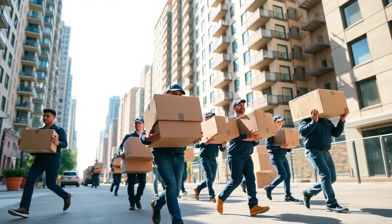 Skilled Manhattan movers handling boxes with care in sunny urban surroundings.