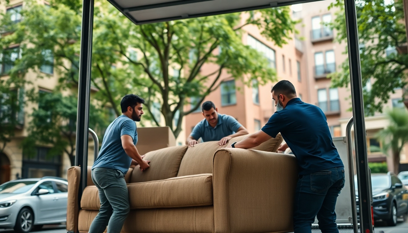 Efficient Queens movers packing a sofa during a busy residential move in Queens neighborhood.