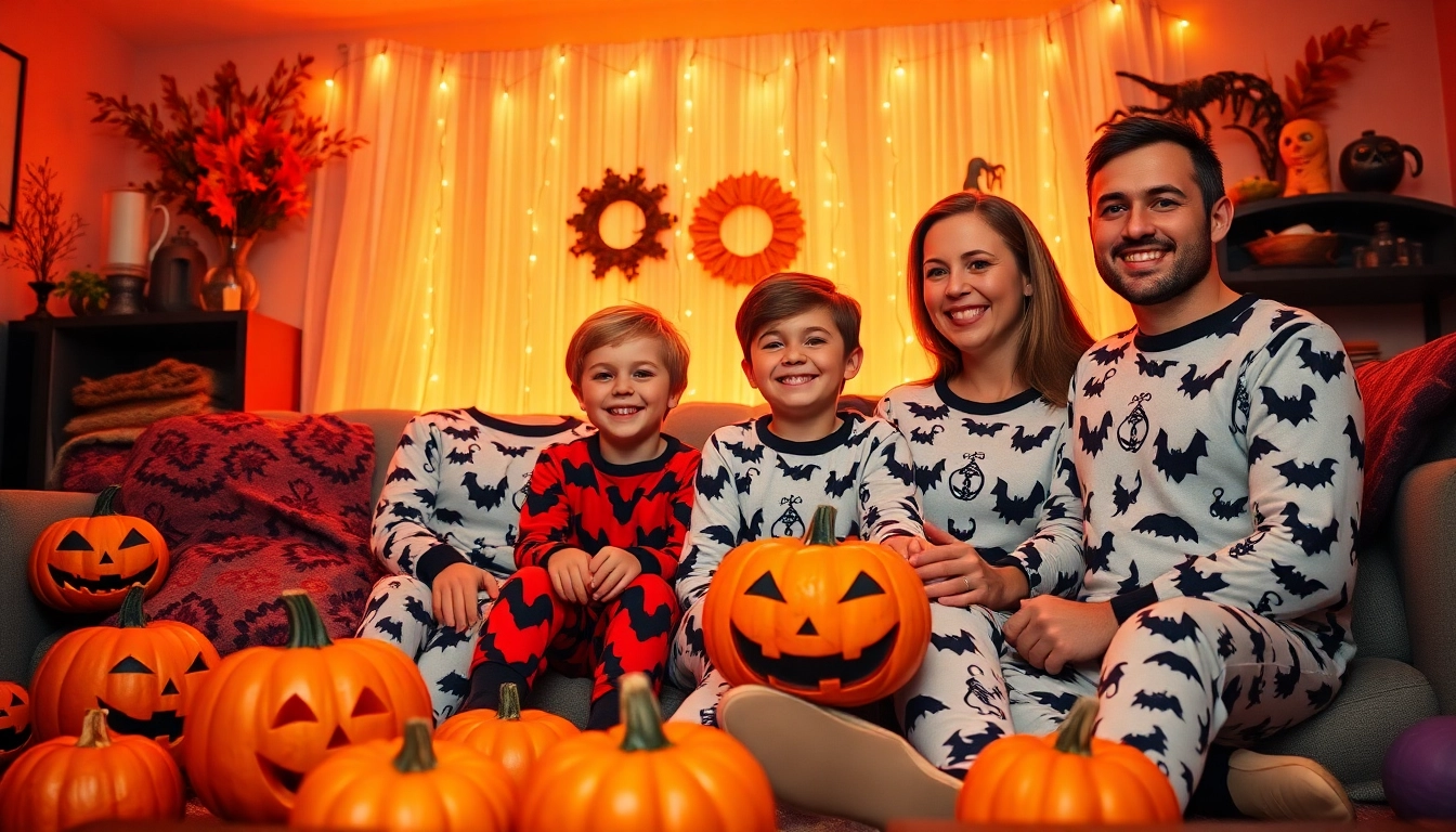 Family joyfully enjoying Halloween pajamas during a festive movie night.